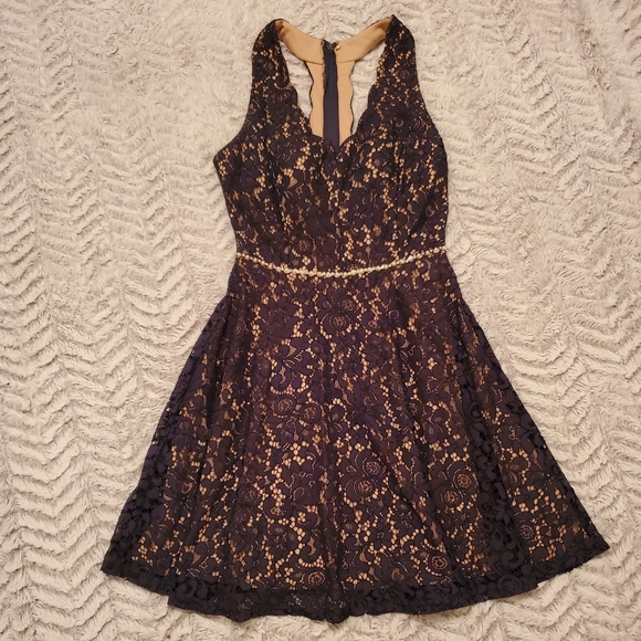 Navy Blue & Nude Lace Halter Dress - Picture 1 of 12